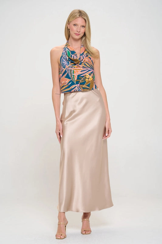 Silky Satin Maxi Skirt - Beige