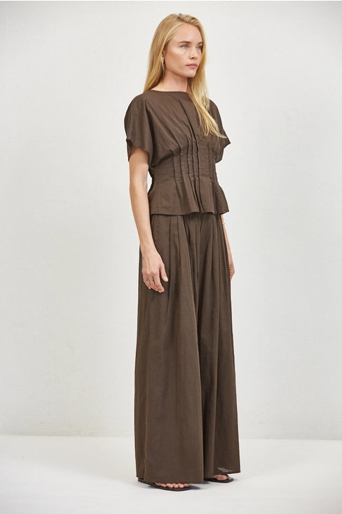 Woven Round Blouse - Chocolate Brown