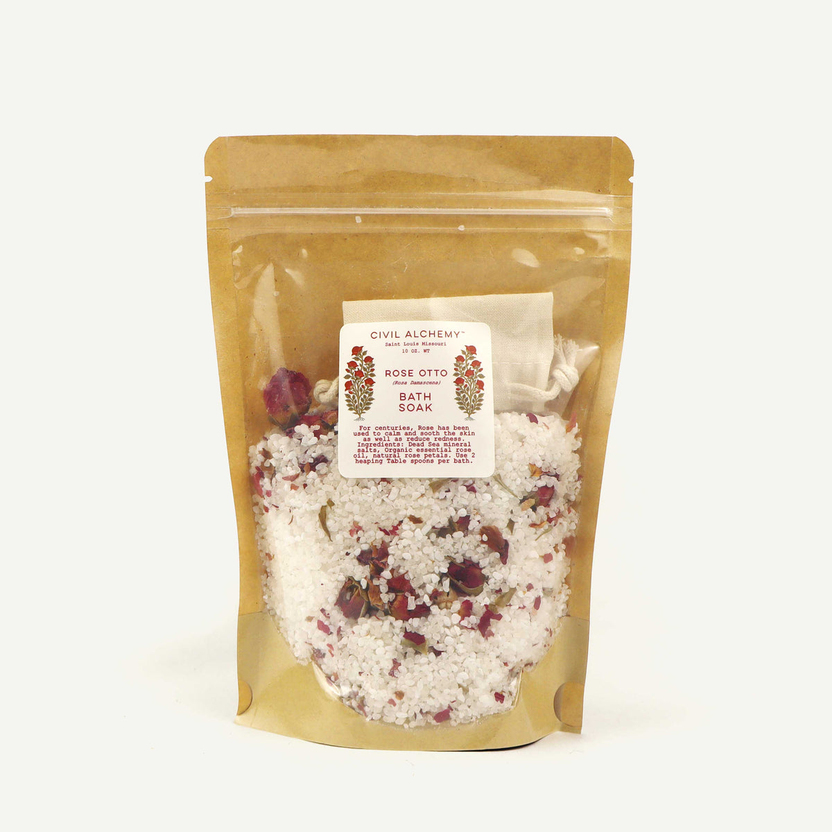 Bag of bath salts with a visible label on a white background