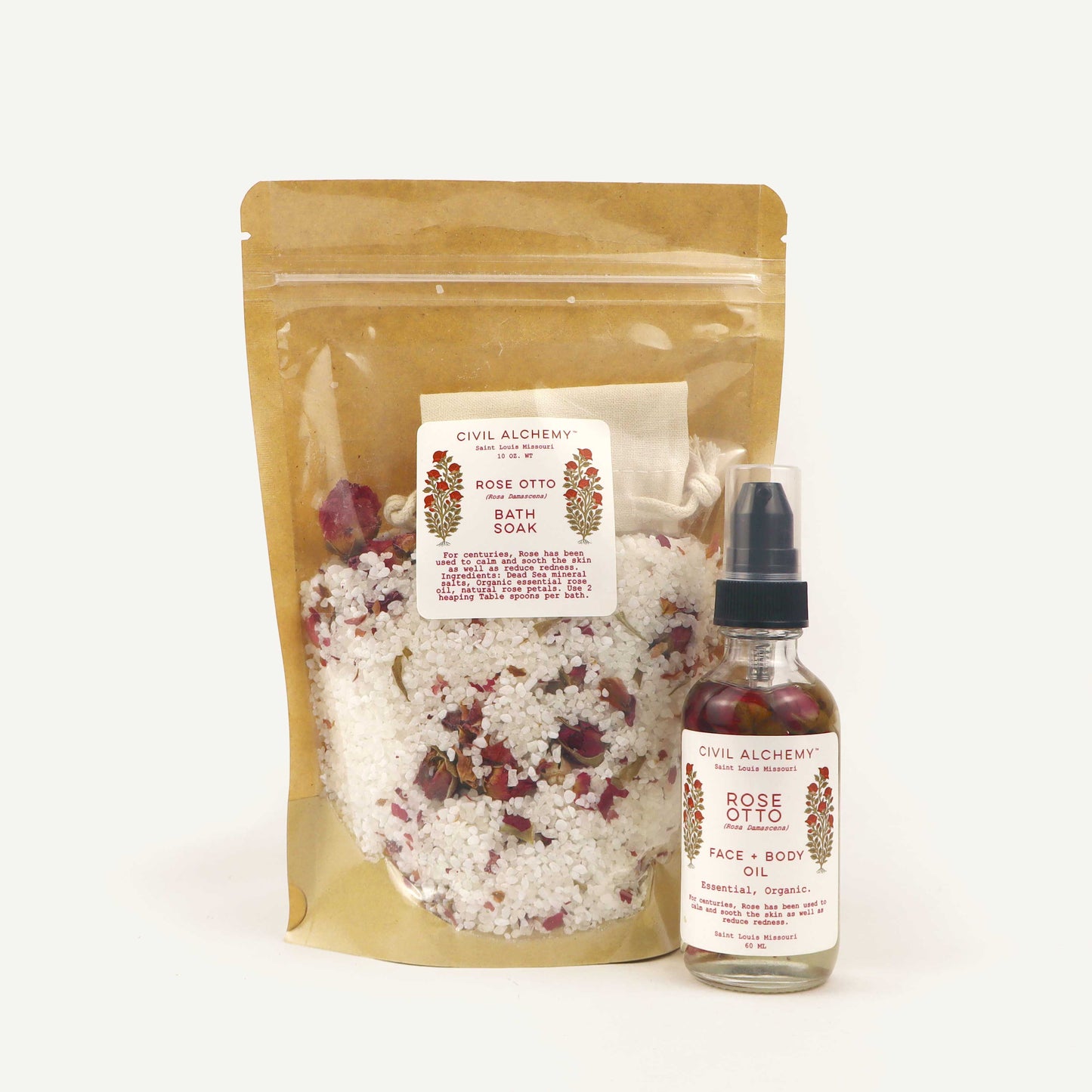 Bath soak and facial oil with 'Civil Alchemy' branding on a white background