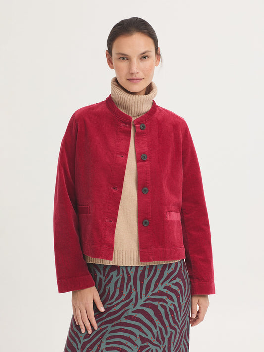 Mandarin Collar Corduroy Jacket - Intense Red