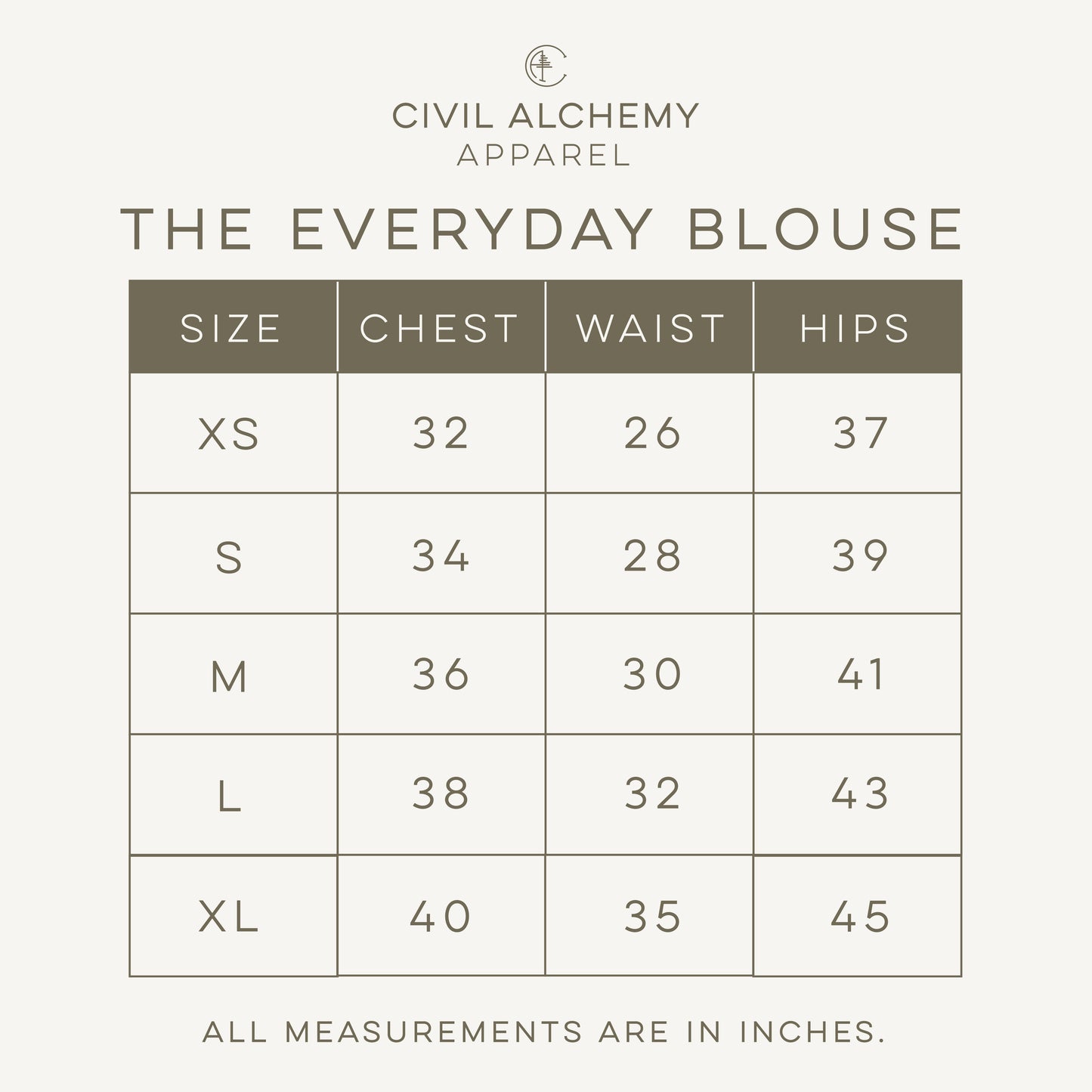 Size chart for 'The Everyday Blouse' by Civil Alchemy Apparel on a white background.