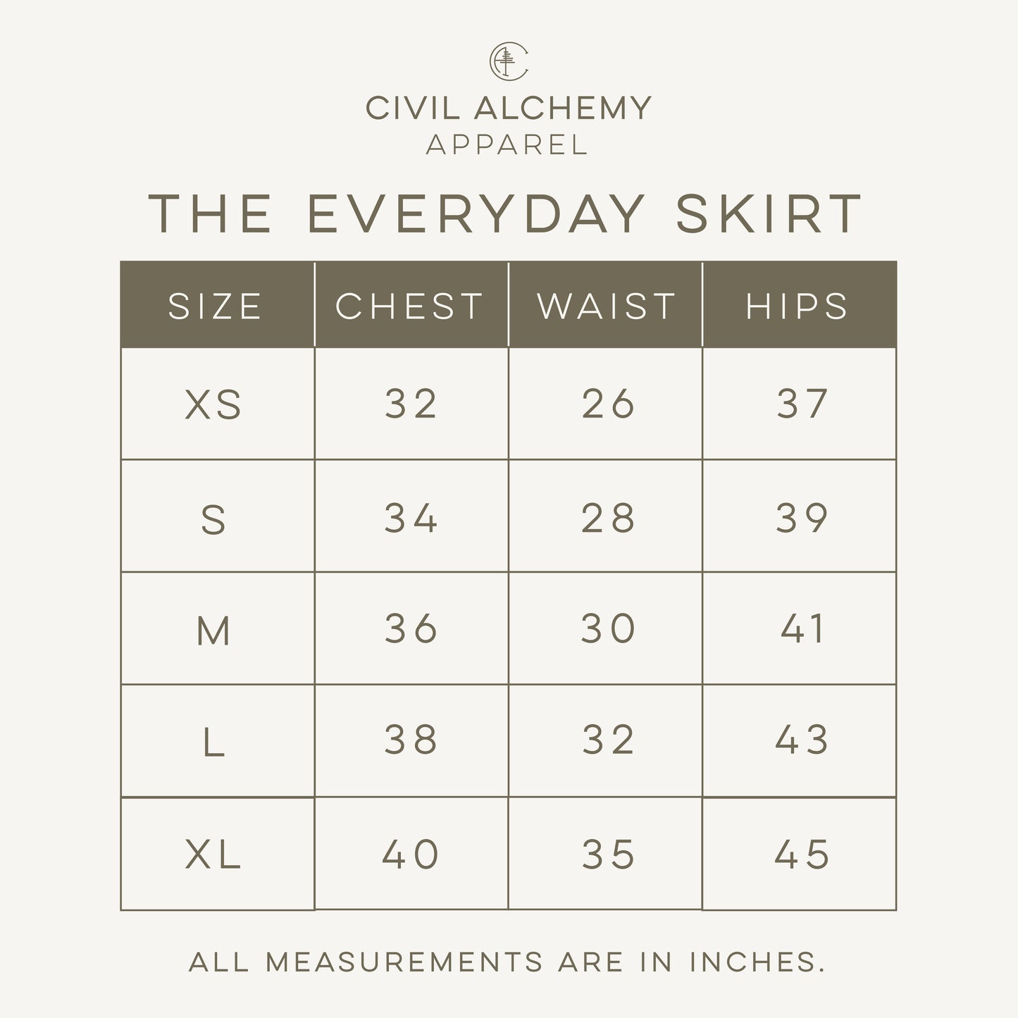 Size chart for 'The Everyday Skirt' by Civil Alchemy Apparel on a white background.