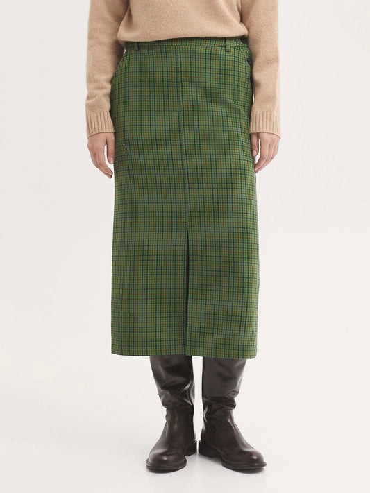 Wrinkled Effect Check Skirt - Khaki
