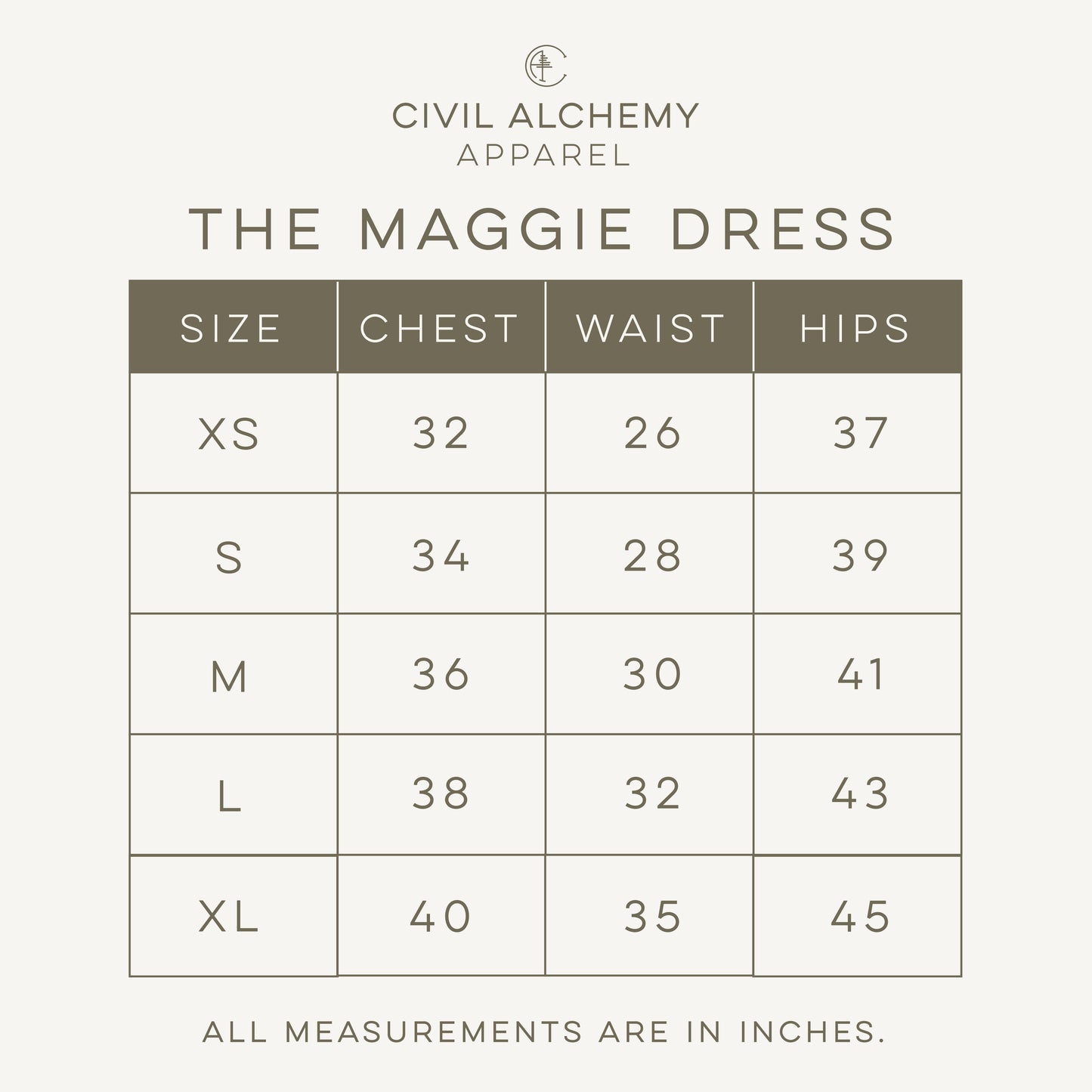 Size chart for 'The Maggie Dress' by Civil Alchemy Apparel on a white background.
