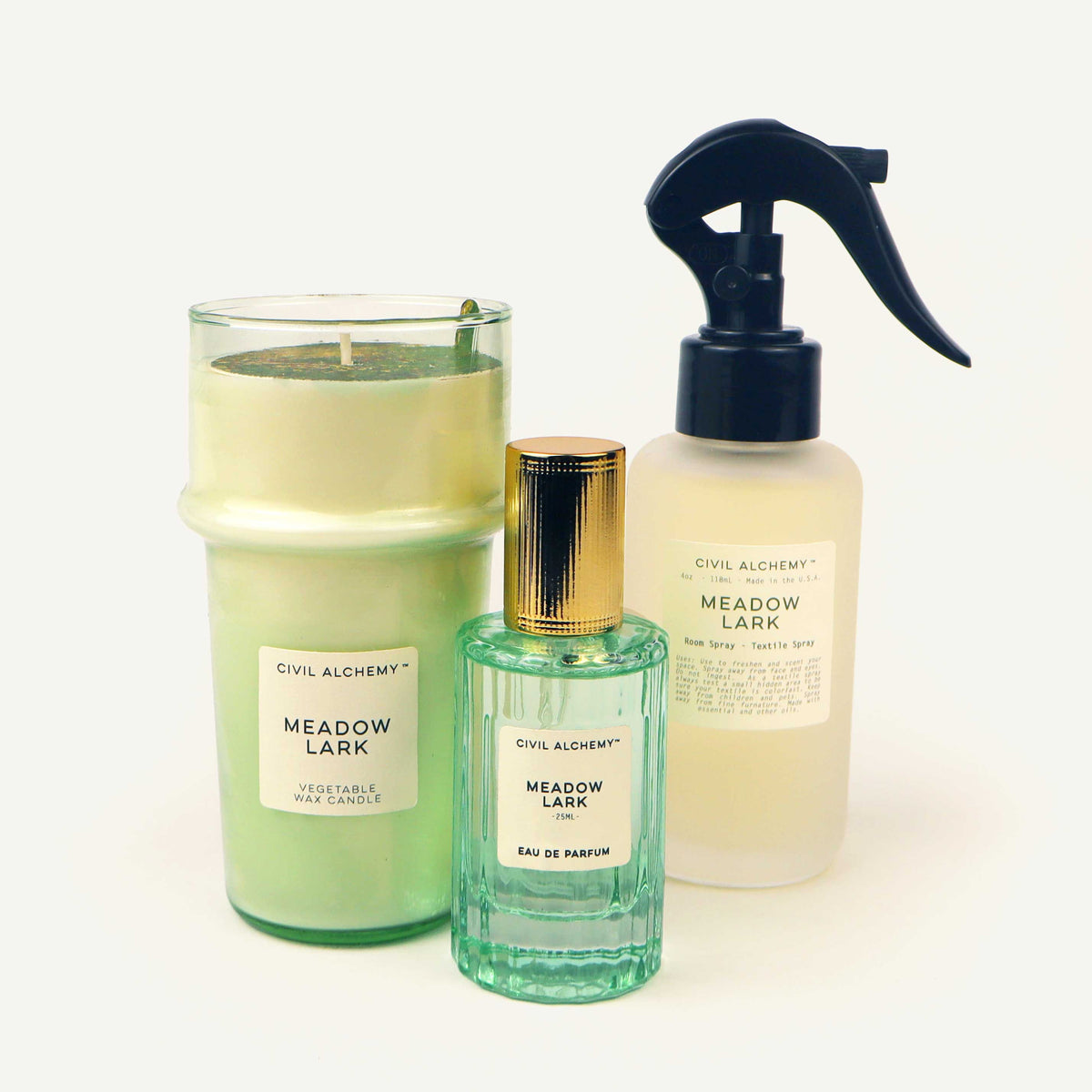 Three bottles of Meadow Lark products from Civil Alchemy on a white background