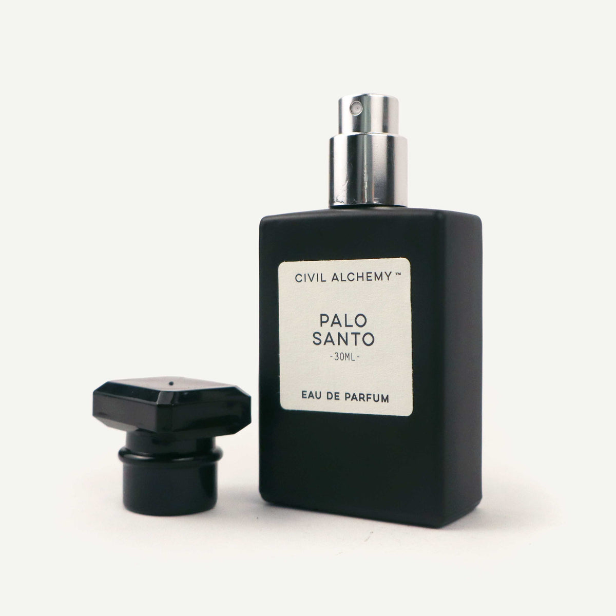Black eau de parfum bottle labeled 'Palo Santo' by Civil Alchemy on a white background