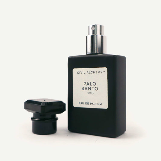 Black eau de parfum bottle labeled 'Palo Santo' by Civil Alchemy on a white background