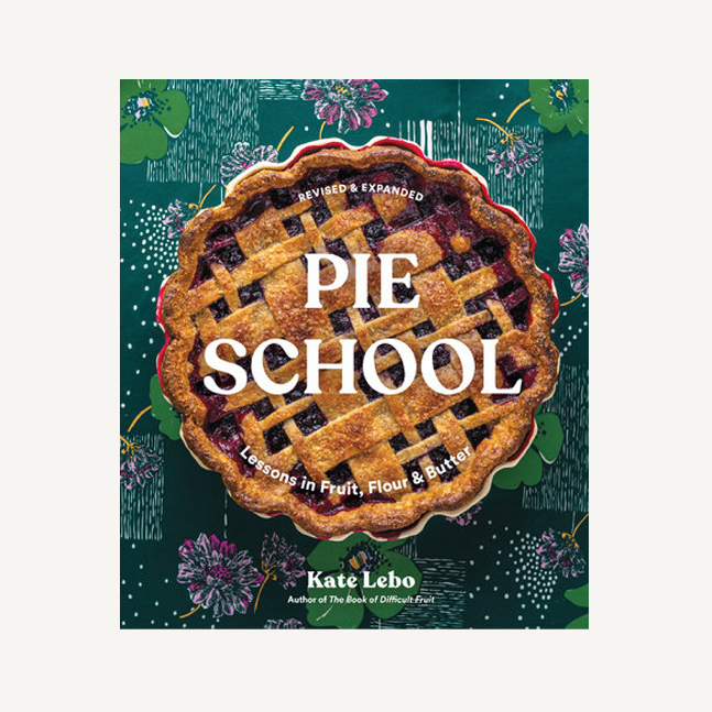 Book cover of 'Pie School' with a pie design on a floral background