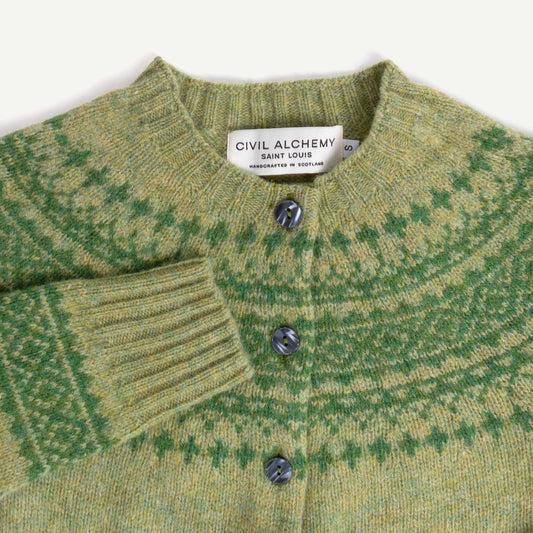 Shetland Fair Isle Cardigan - Avocado/Baise