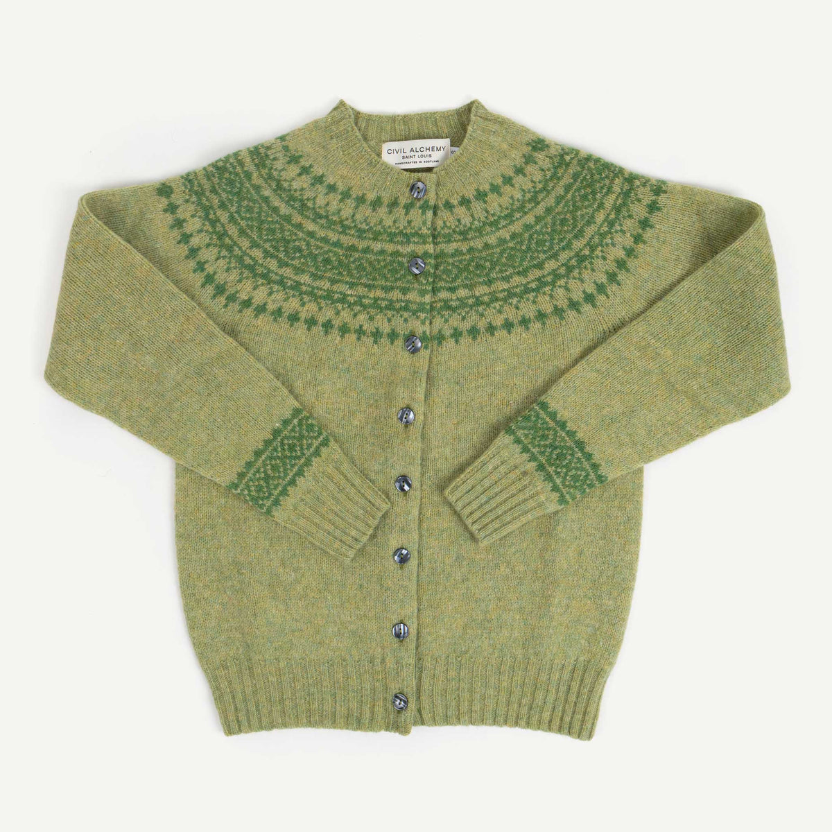 Shetland Fair Isle Cardigan - Avocado/Baise