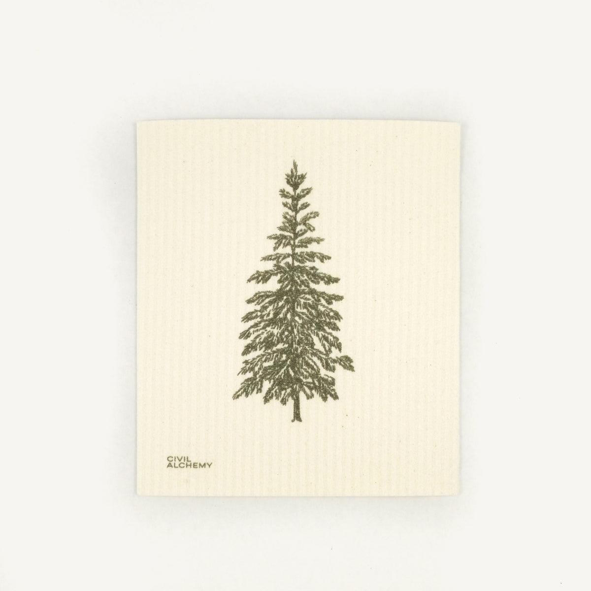 Beige Swedish dishcloth with a green tree illustration on a white background
