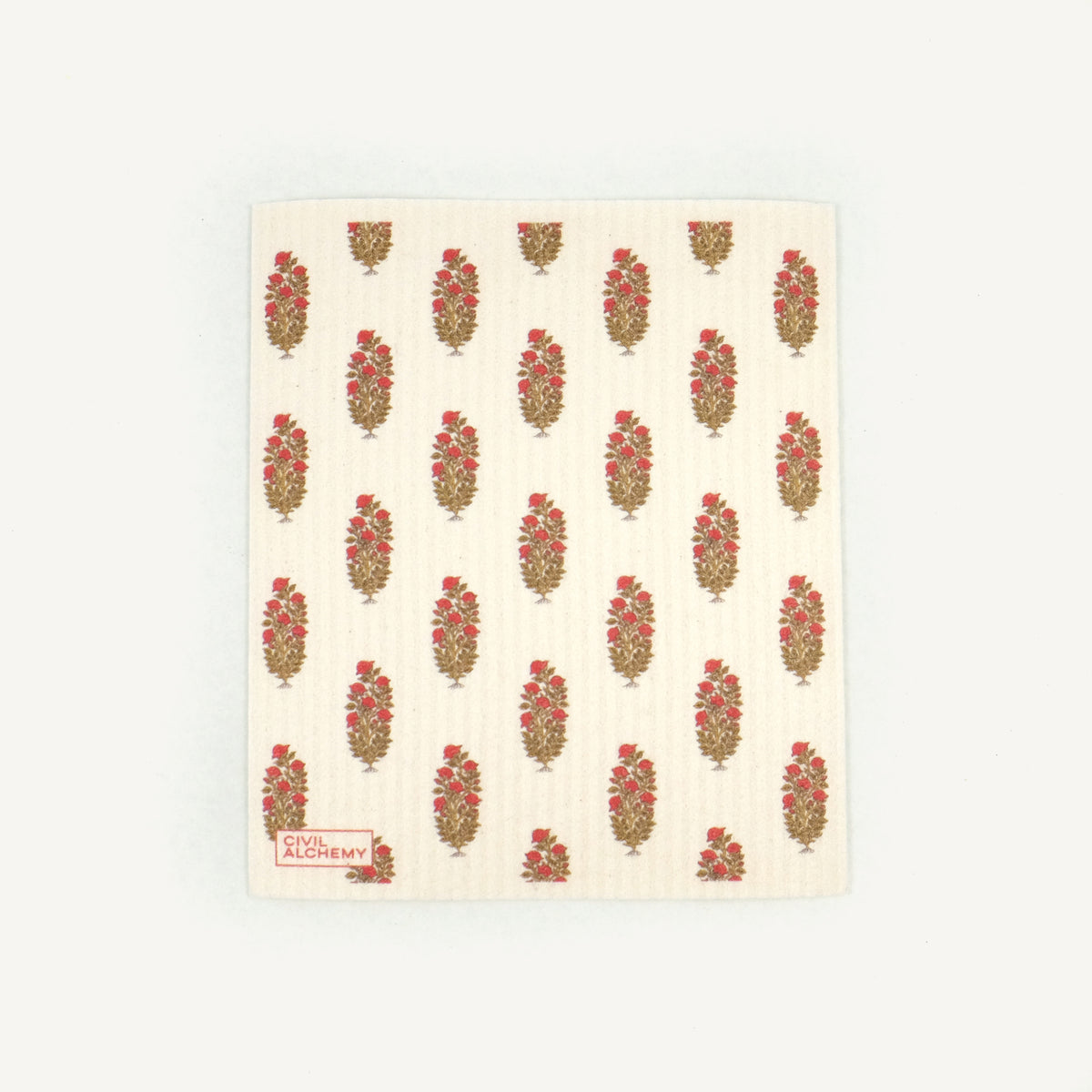 Patterned Swedish dishcloth with floral design on a white background