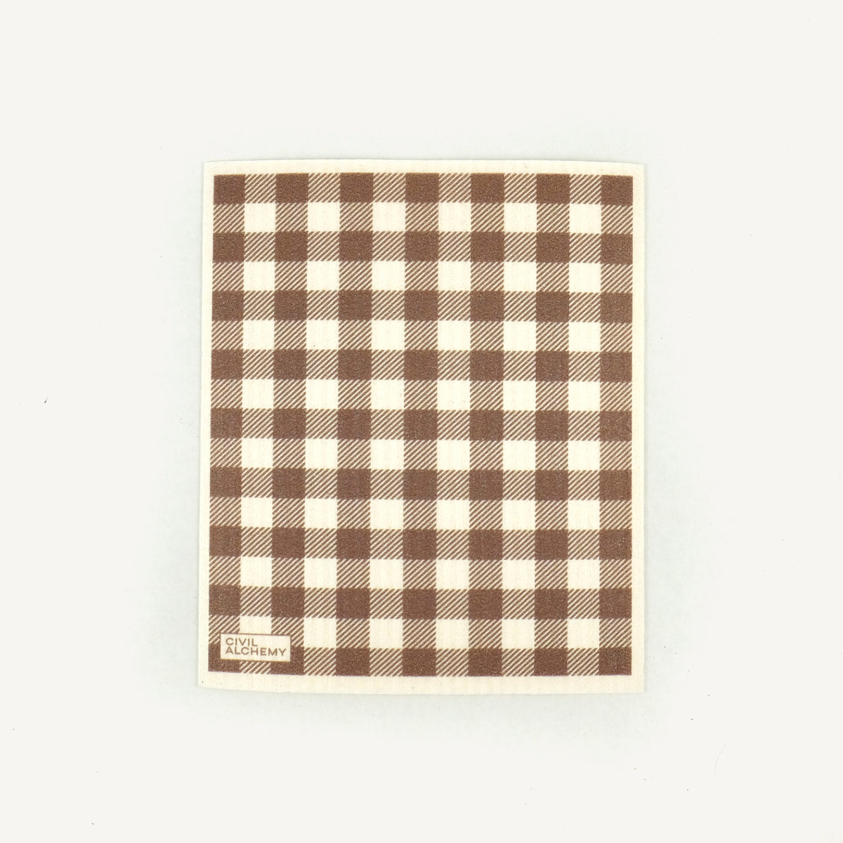 Brown gingham patterned Swedish dishcloth on a white background