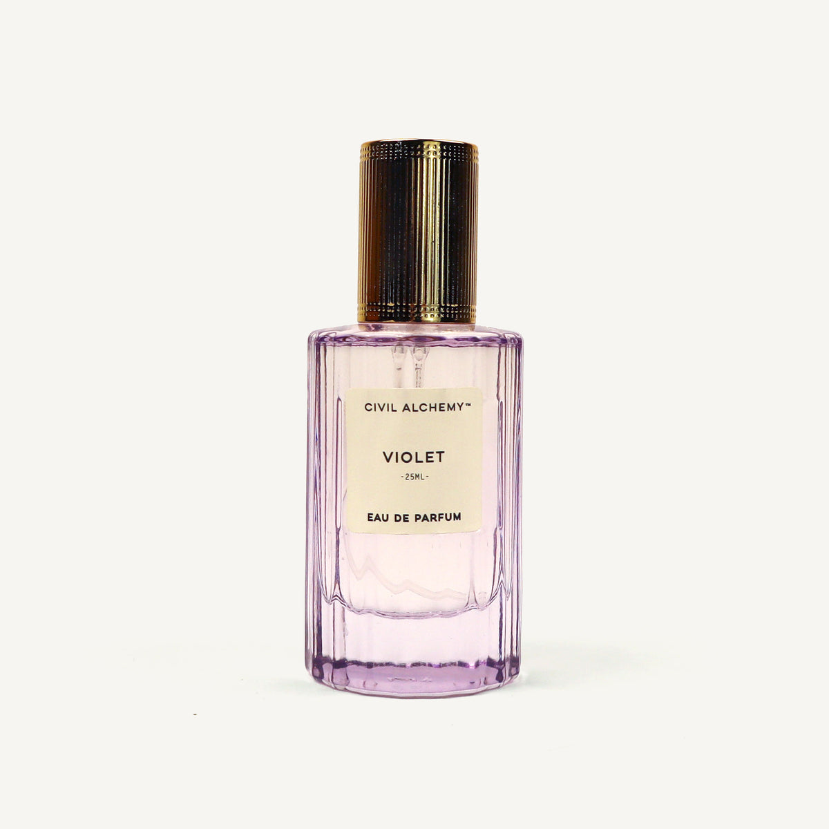 Purple perfume bottle with gold cap on a white background