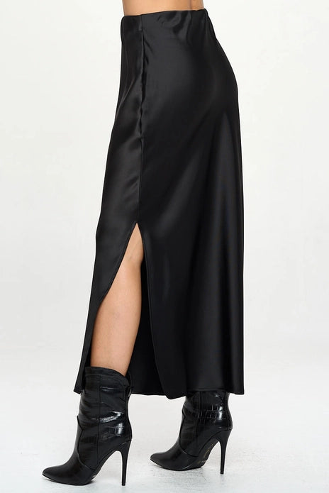 Silky Satin Maxi Skirt With Slit - Black