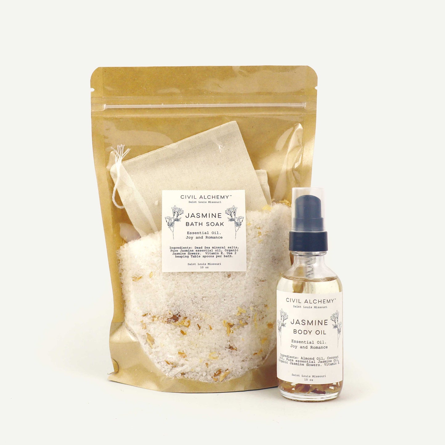 Jasmine bath soap and body oil set from Civil Alchemy on a white background
