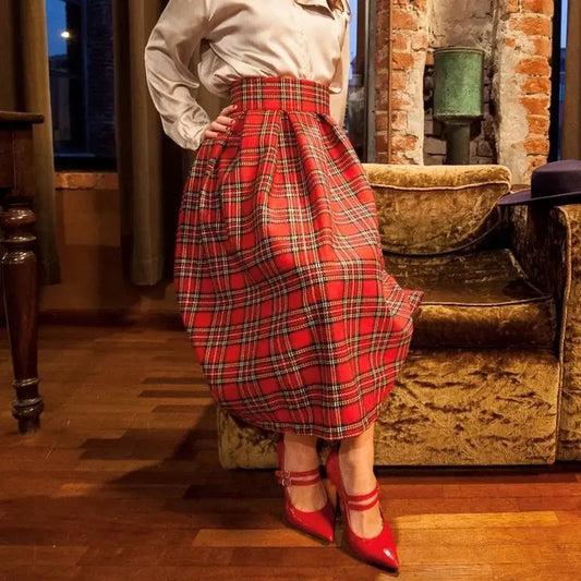 Red Tartan Midi Skirt
