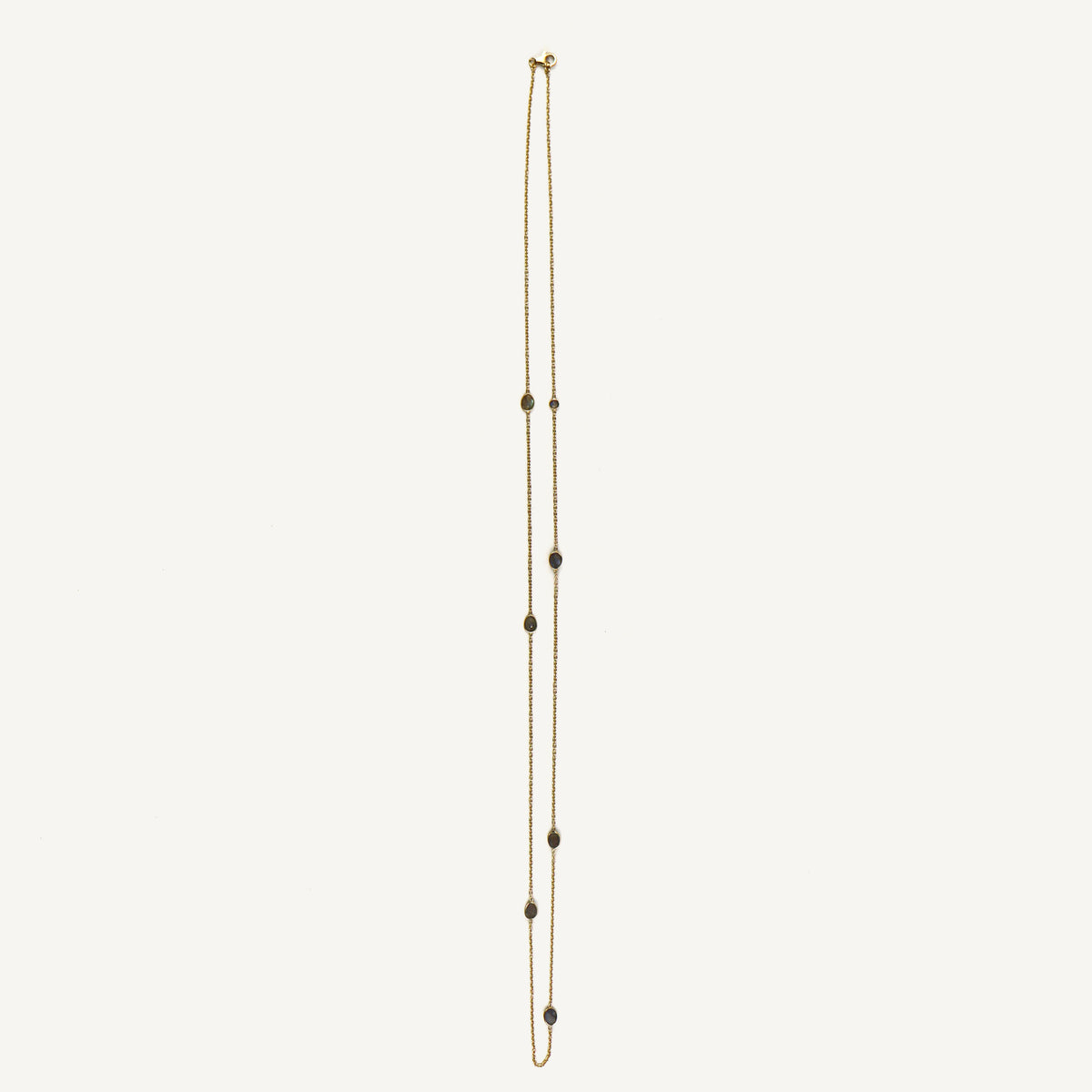 Long necklace with black beads on a white background