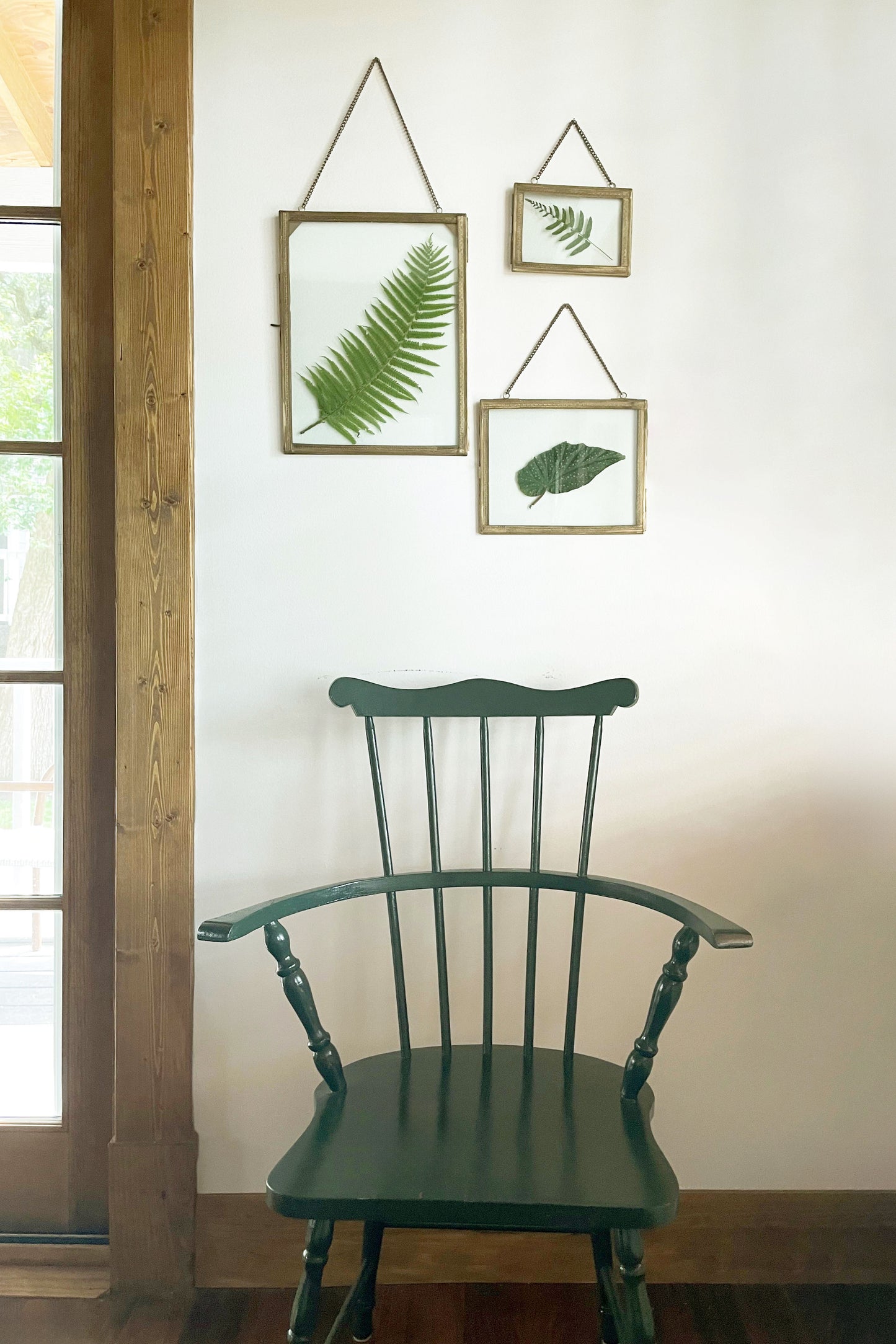 Green chair in front of a wall with framed leaf pictures