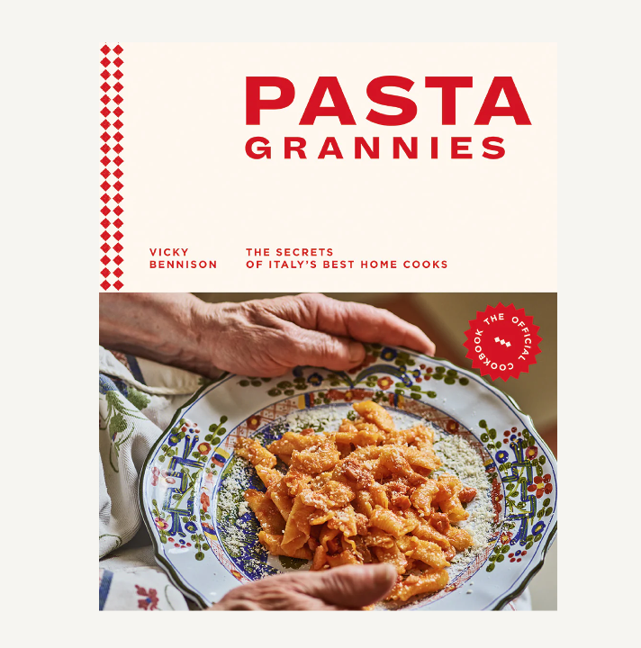 Book cover of 'Pasta Grannies' with a hand holding a plate of pasta.