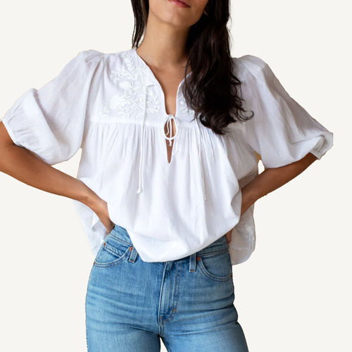 Embroidered Puff Isla Top - White