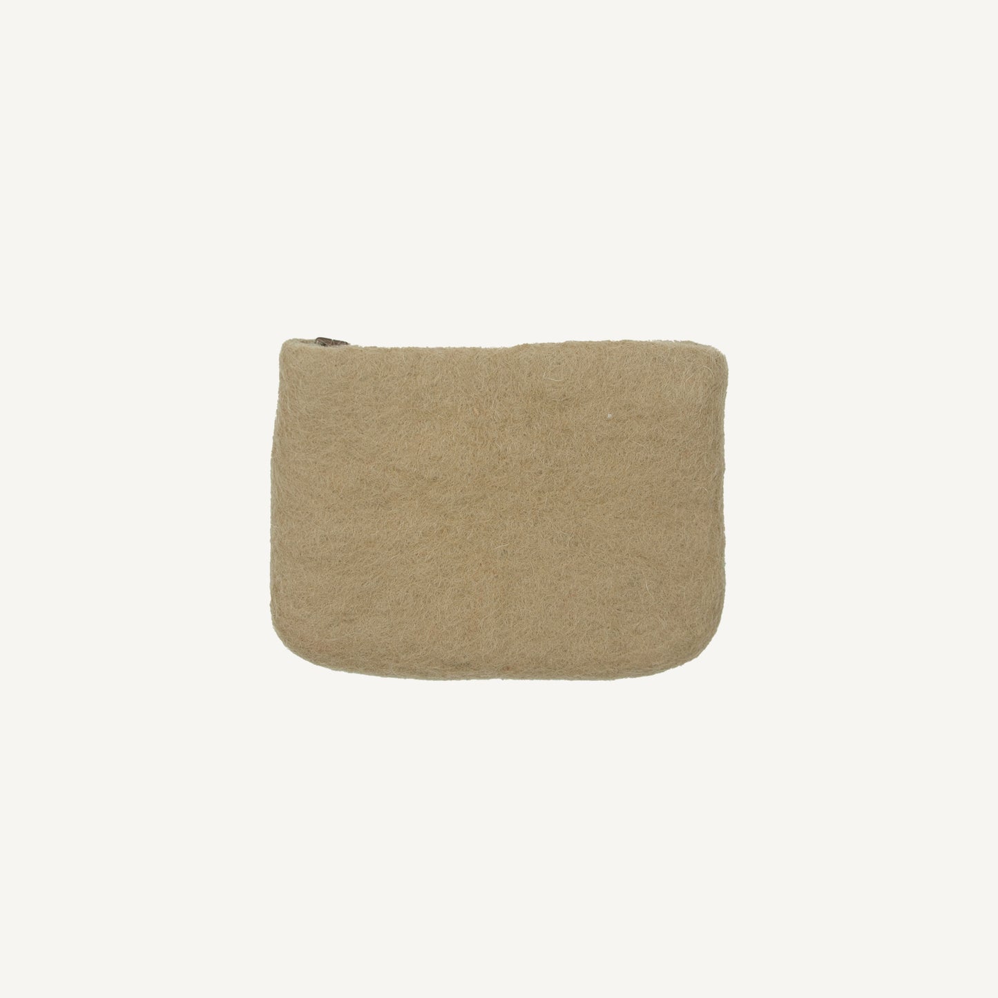 A solid taupe wool coin pouch with a brass zipper, hand-felted by artisans in Nepal.