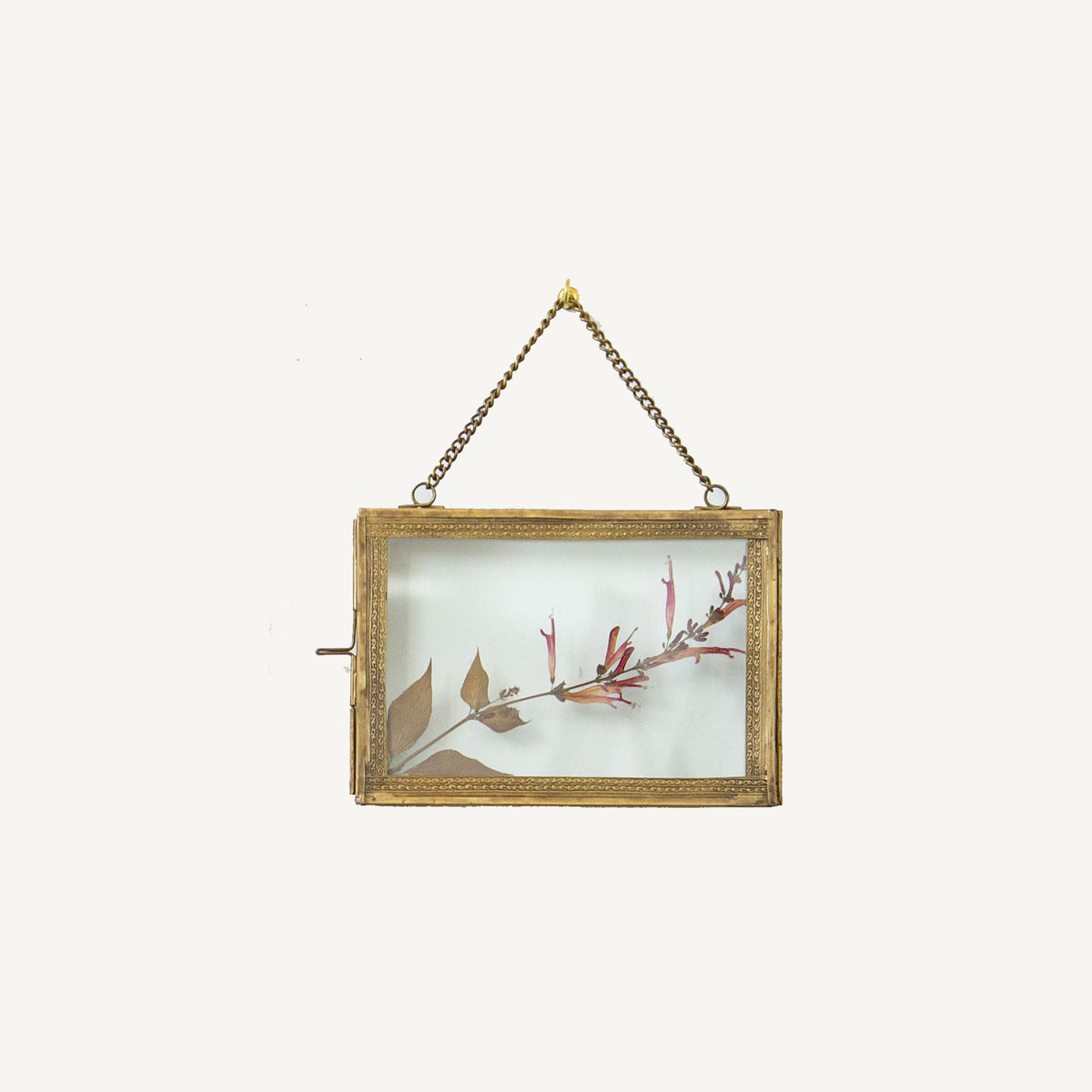 A brass hanging photo frame with a 5x7 dimension, featuring a floral design within the frame, displayed against a plain background.
