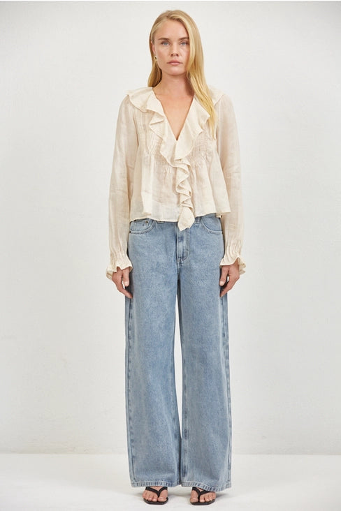 Linen V-Neck Blouse - Natural