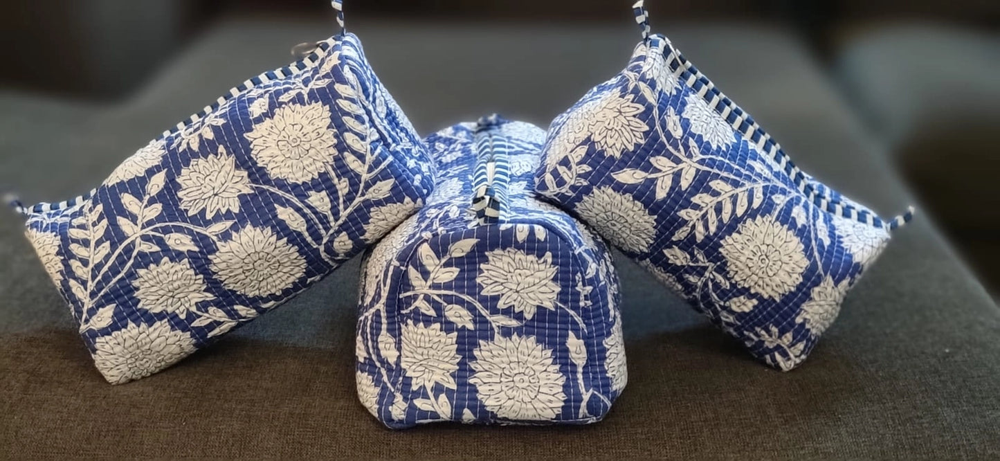 Blue & White Floral Print Cosmetic Bag