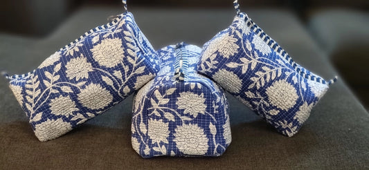 Blue & White Floral Print Cosmetic Bag