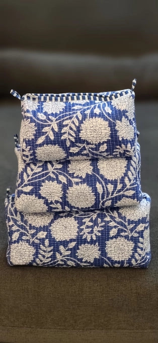 Blue & White Floral Print Cosmetic Bag