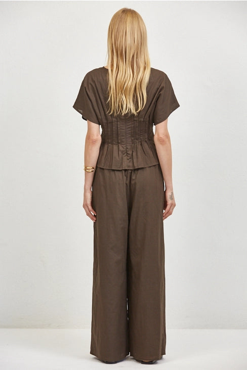 Woven Round Blouse - Chocolate Brown