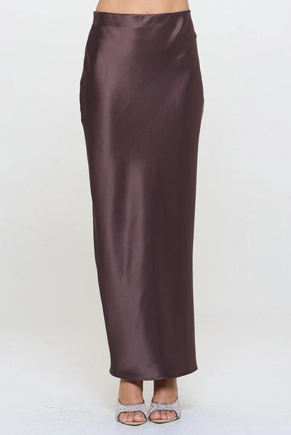 Silky Satin Maxi Skirt With Slit - Brown