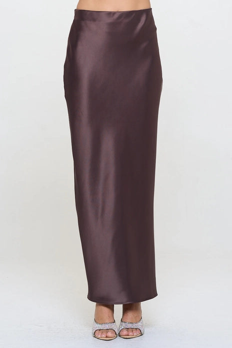 Silky Satin Maxi Skirt With Slit - Brown