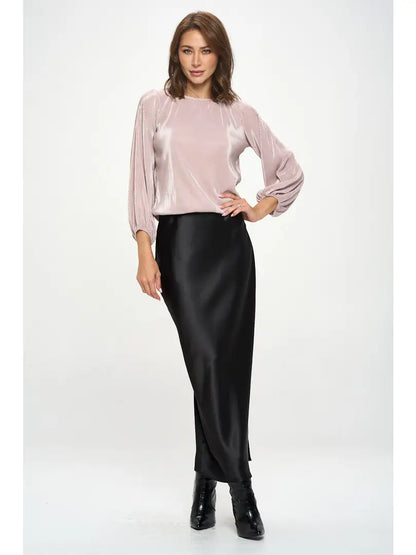 Silky Satin Maxi Skirt With Slit - Black