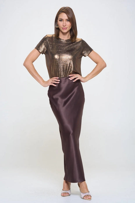 Silky Satin Maxi Skirt With Slit - Brown