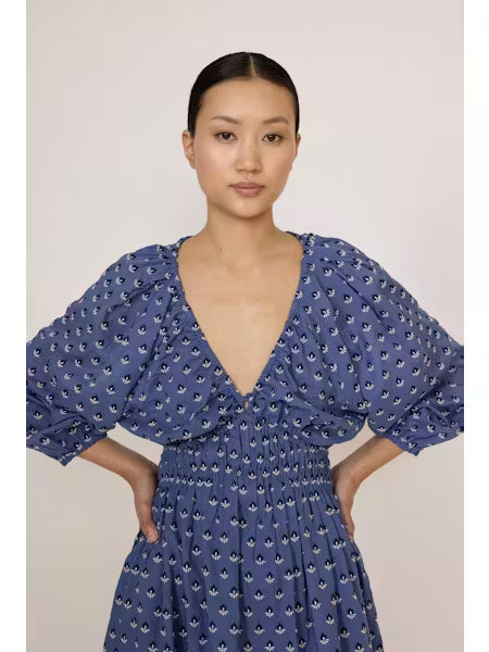 Gathered Plunge Dress - Embroidered Butti Print