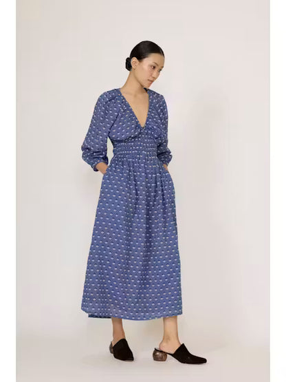 Gathered Plunge Dress - Embroidered Butti Print