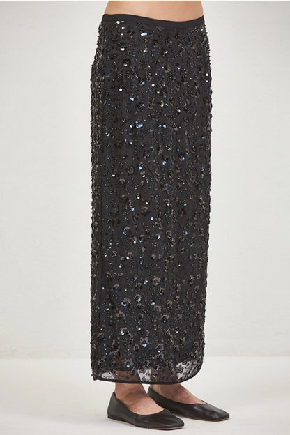 Sequin Midi Skirt - Black