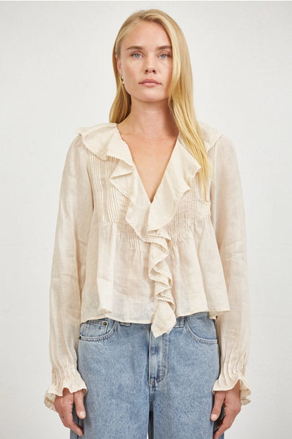 Linen V-Neck Blouse - Natural