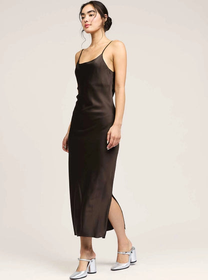 Silk Cami Midi Dress - Brown