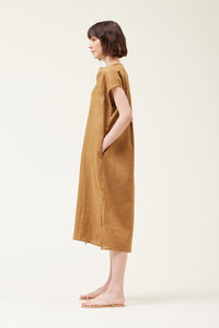 Boxy Linen Dress Brown Olive