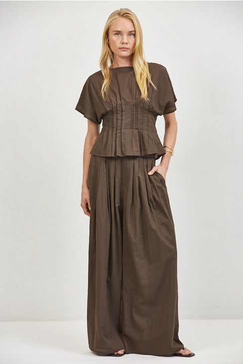 Woven Wide Leg Pants - Brown