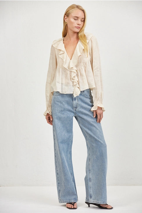 Linen V-Neck Blouse - Natural