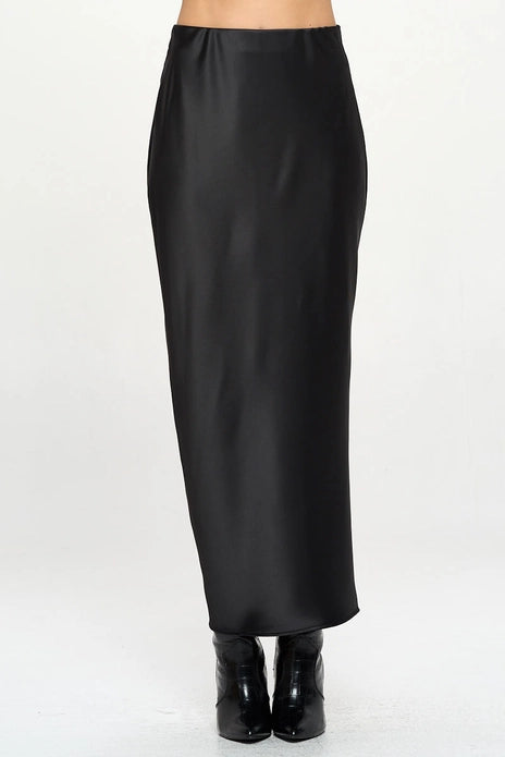 Silky Satin Maxi Skirt With Slit - Black