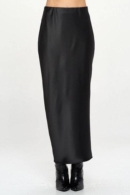 Silky Satin Maxi Skirt With Slit - Black