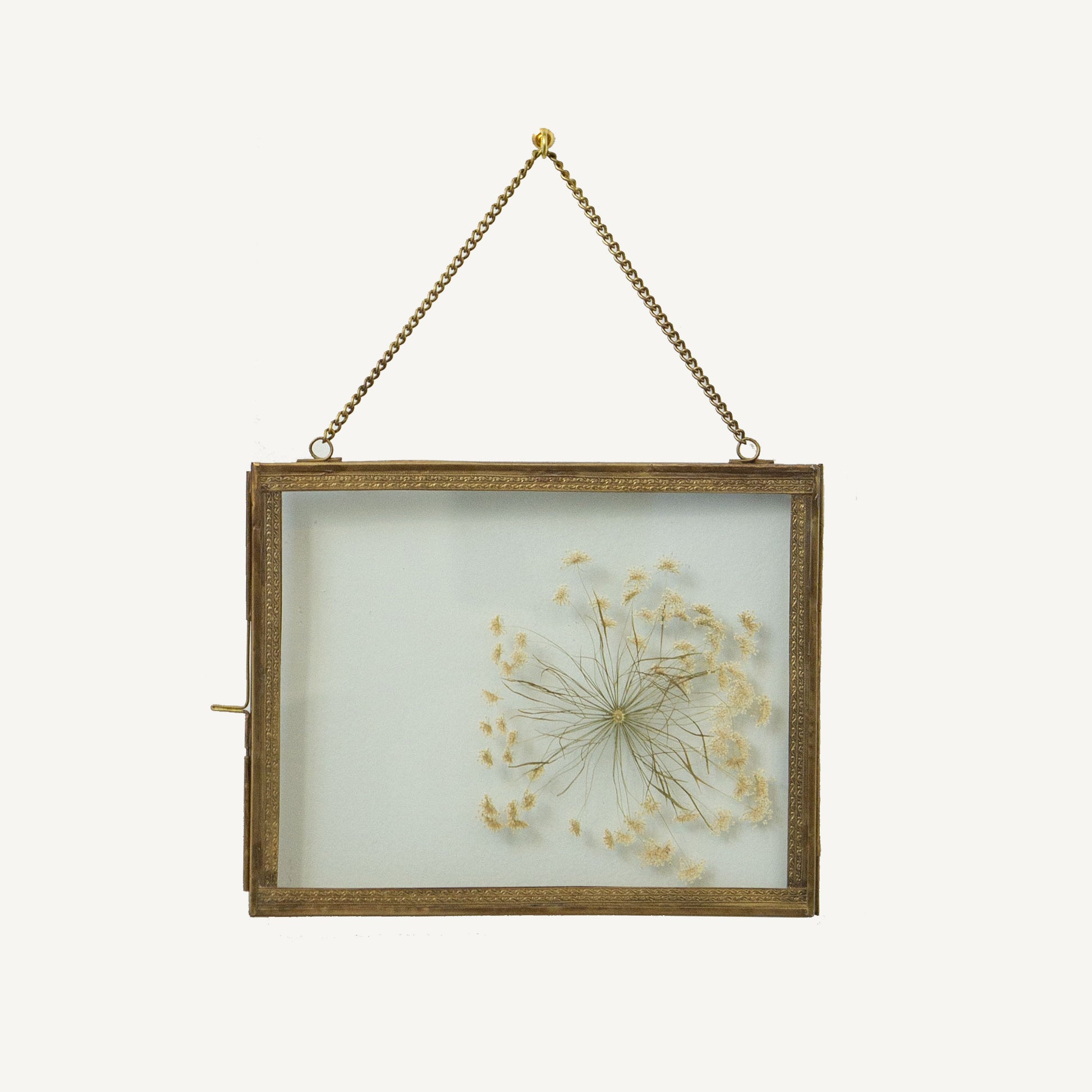 Decorative frame with dried flowers inside, hanging on a white background
