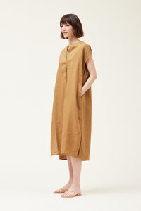 Boxy Linen Dress Brown Olive