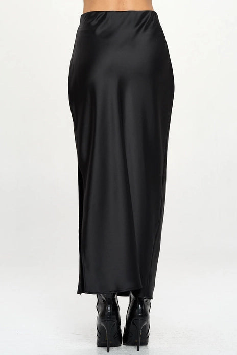 Silky Satin Maxi Skirt With Slit - Black